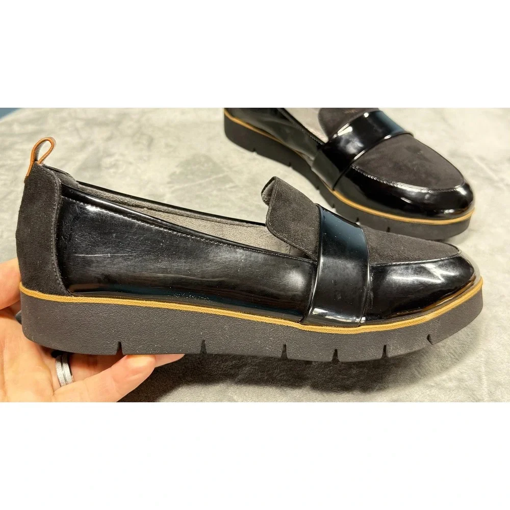 Dr Scholls Loafers Womens 8.5 Black Patent Leather Suede Platform